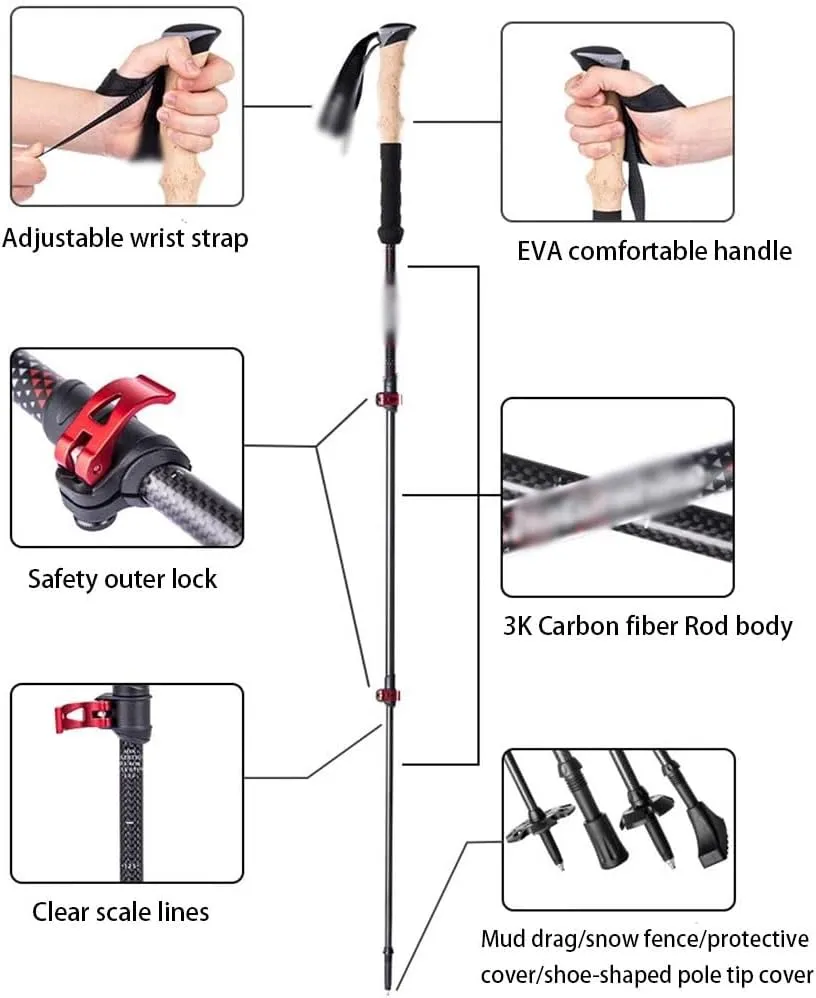 4 Pack Trekking Poles for Group Travel, Portable Climbing Equipment with Wrist Strap, Retractable Walking Sticks, for Backpacking, Skiing