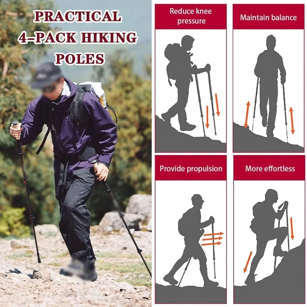 4 Pack Trekking Poles for Group Travel, Portable Climbing Equipment with Wrist Strap, Retractable Walking Sticks, for Backpacking, Skiing