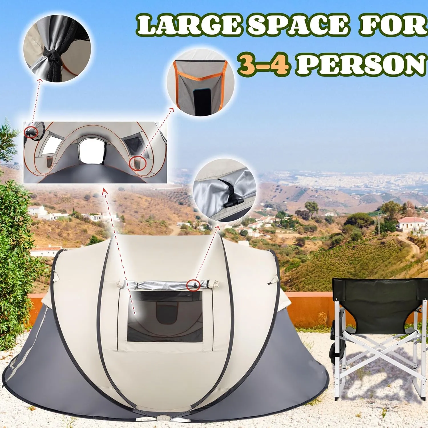 4 Person Pop Up Tent Instant Setup 10 Seconds, Lightweight Family Camping Tent with Ventilation, Spacious 9.2x6.6ft for Outdoor Beach Backyard Hiking
