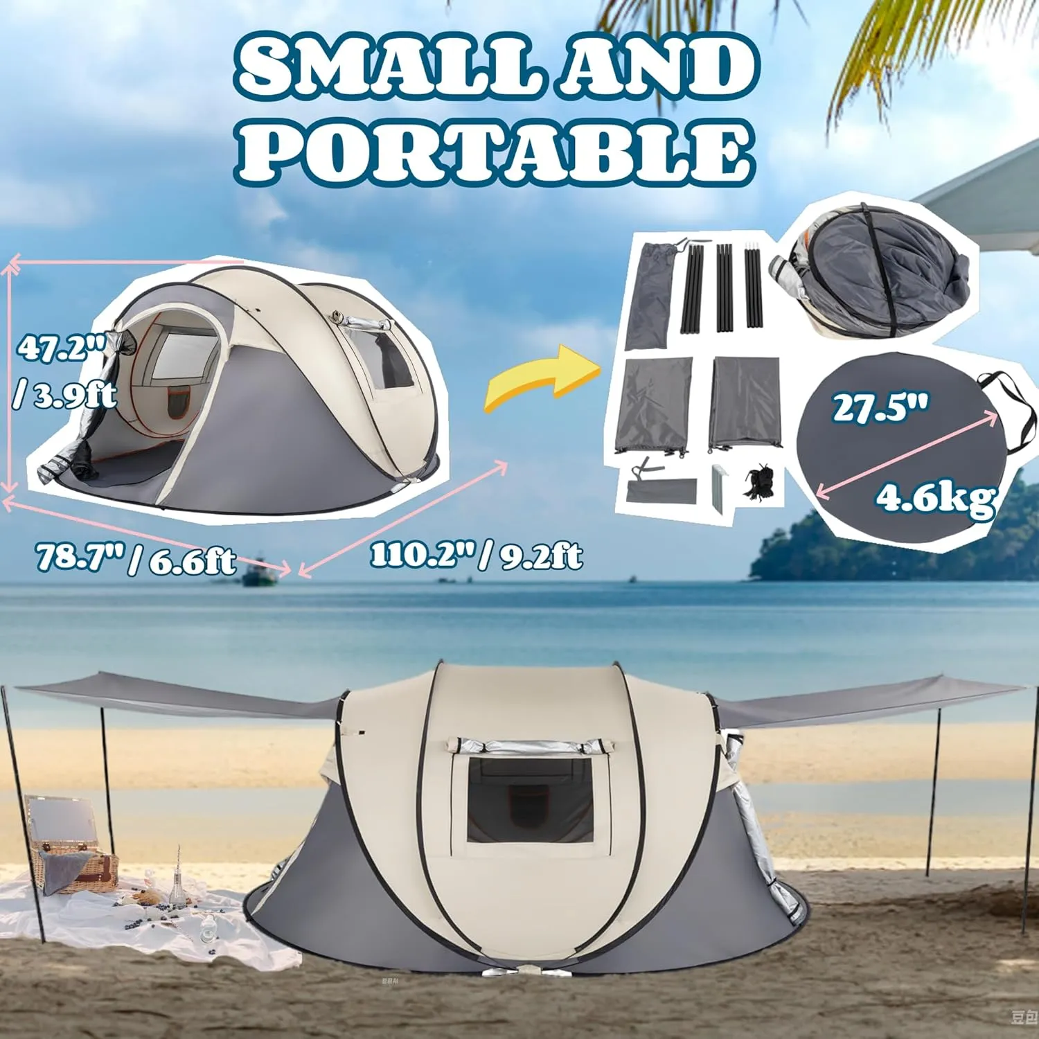 4 Person Pop Up Tent Instant Setup 10 Seconds, Lightweight Family Camping Tent with Ventilation, Spacious 9.2x6.6ft for Outdoor Beach Backyard Hiking