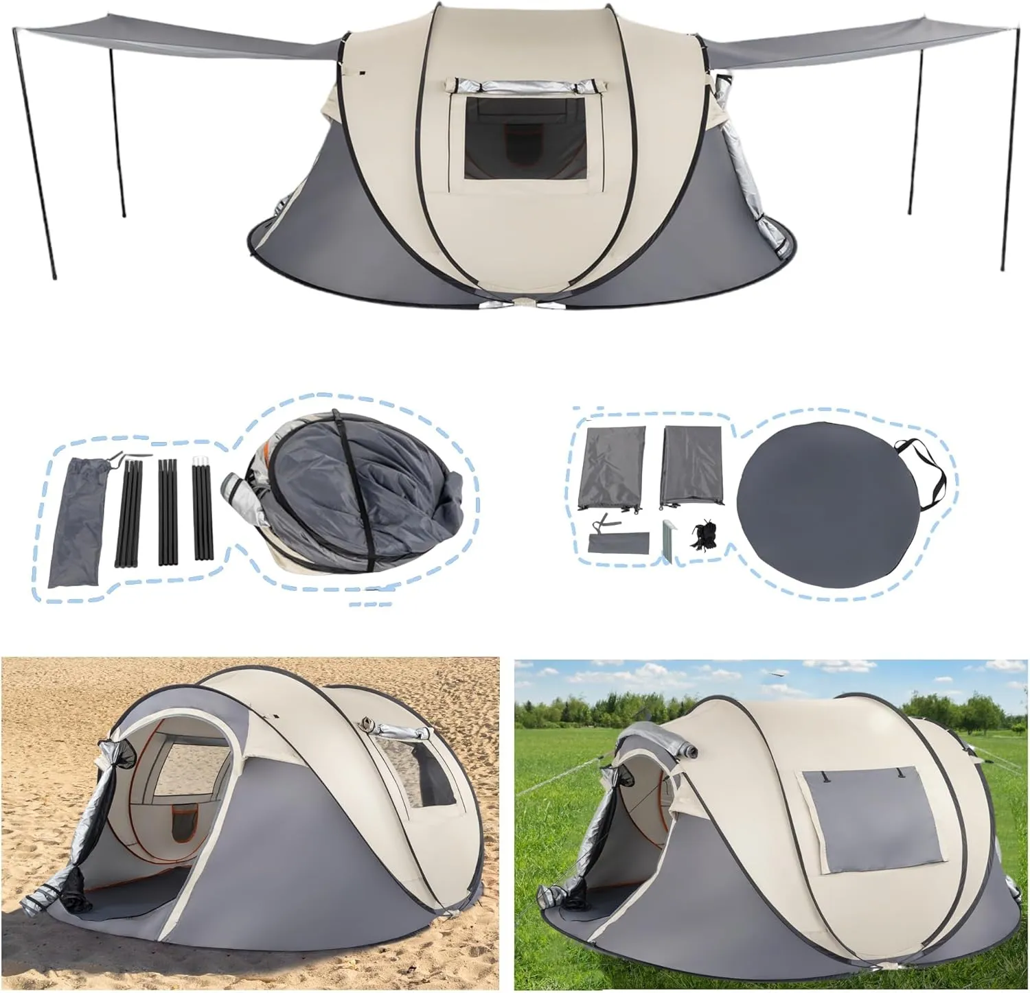 4 Person Pop Up Tent Instant Setup 10 Seconds, Lightweight Family Camping Tent with Ventilation, Spacious 9.2x6.6ft for Outdoor Beach Backyard Hiking