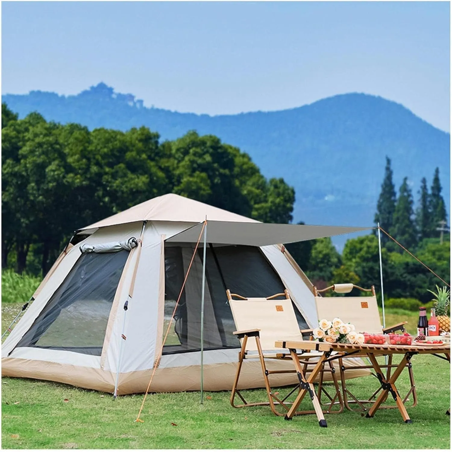 4-Person Pop-Up Tent with Porch, Double Doors 4 Windows, Waterproof, Ventilated, Easy Setup for Camping Hiking