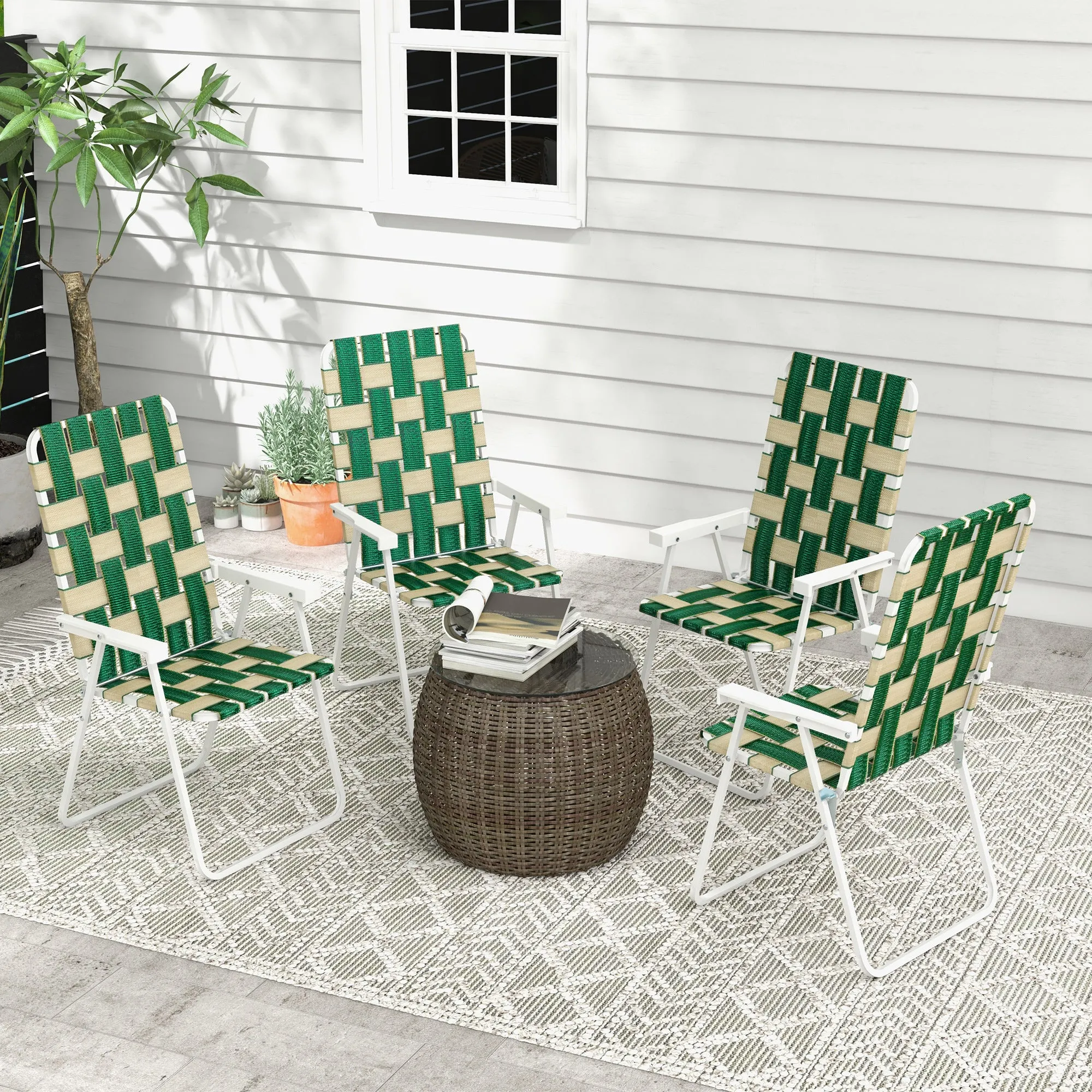 4-Piece Classic Folding Chairs, Outdoor Camping, Portable Lawn, Armrests, Green