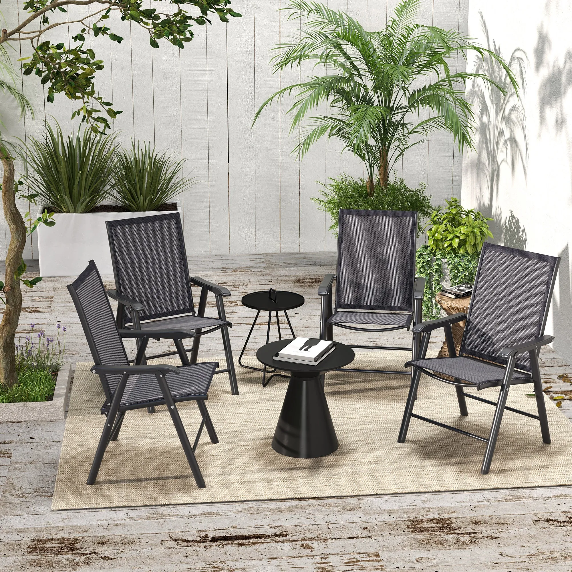 4-Piece Folding Dining Chair Set for Relaxing on Patio, Balcony, or Garden, Comfortable Outdoor Furniture with Armrests, Dark Grey