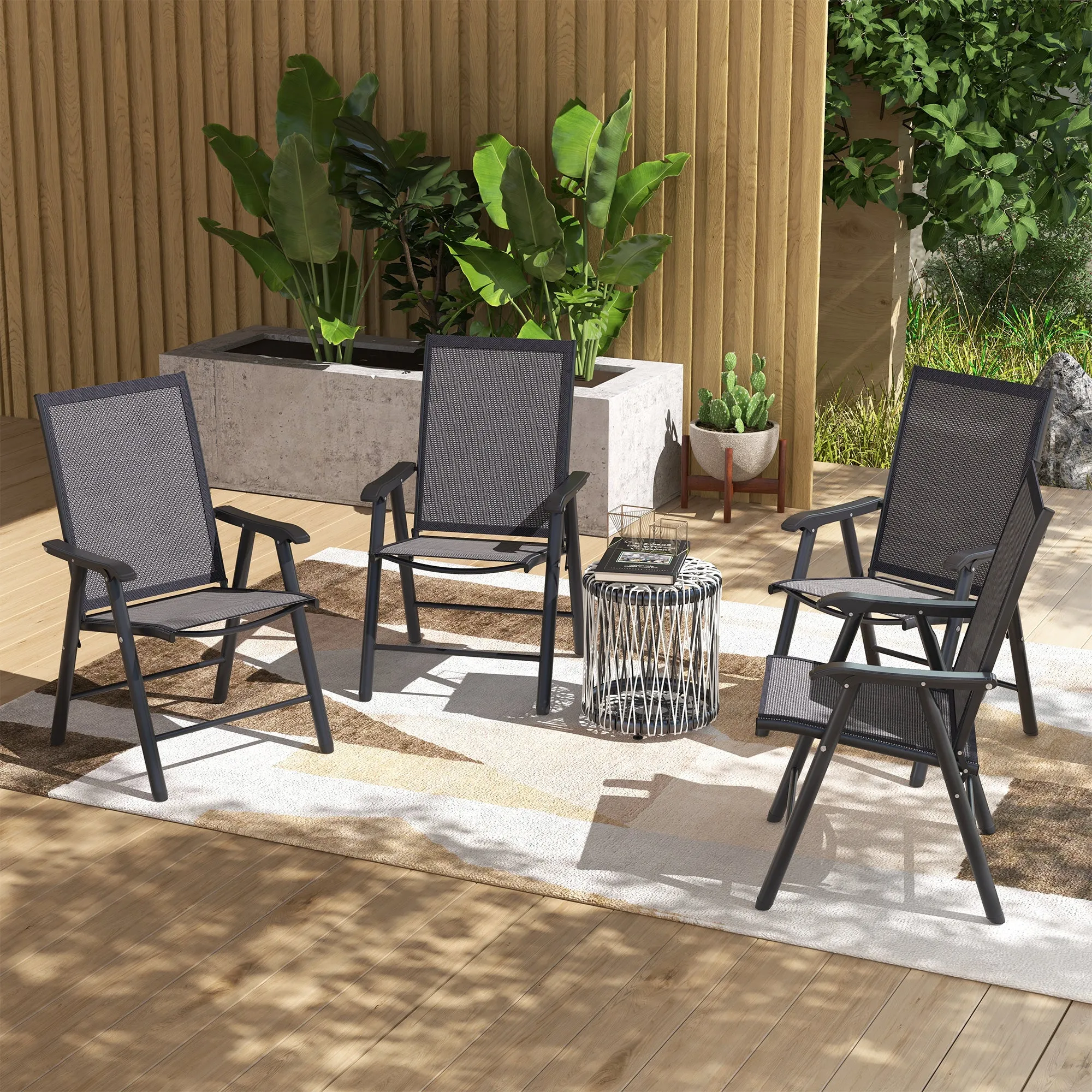 4-Piece Folding Dining Chair Set for Relaxing on Patio, Balcony, or Garden, Comfortable Outdoor Furniture with Armrests, Dark Grey