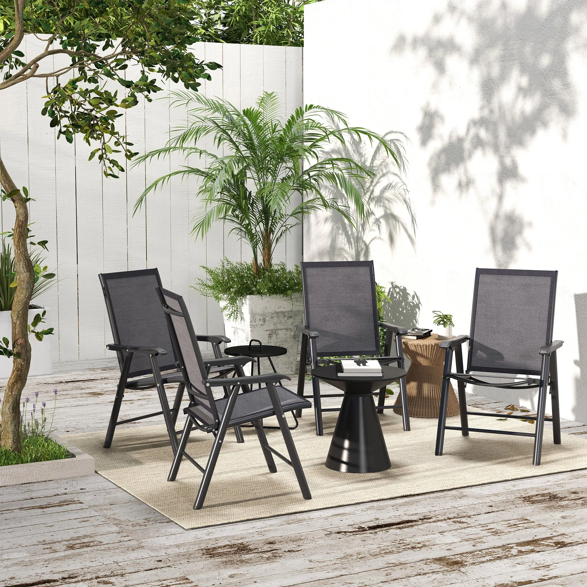 4-Piece Folding Dining Chair Set for Relaxing on Patio, Balcony, or Garden, Comfortable Outdoor Furniture with Armrests, Dark Grey