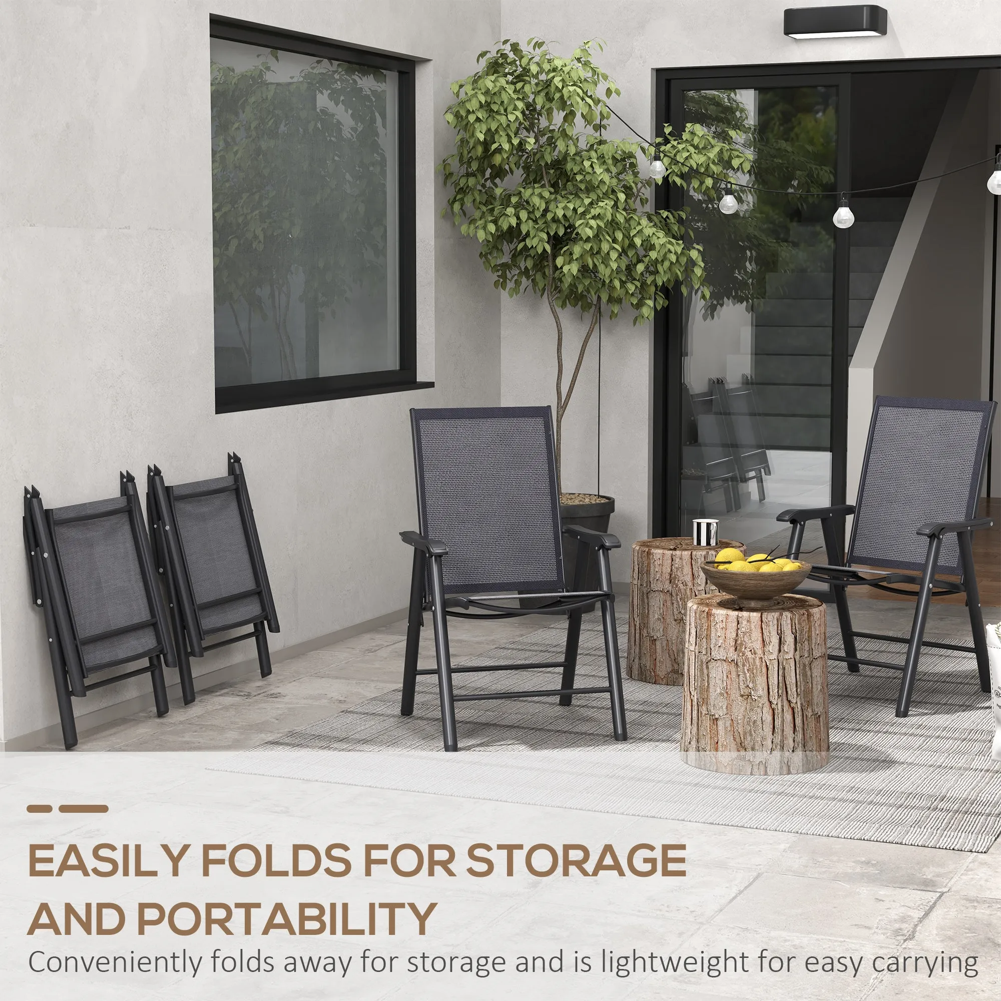 4-Piece Folding Dining Chair Set for Relaxing on Patio, Balcony, or Garden, Comfortable Outdoor Furniture with Armrests, Dark Grey