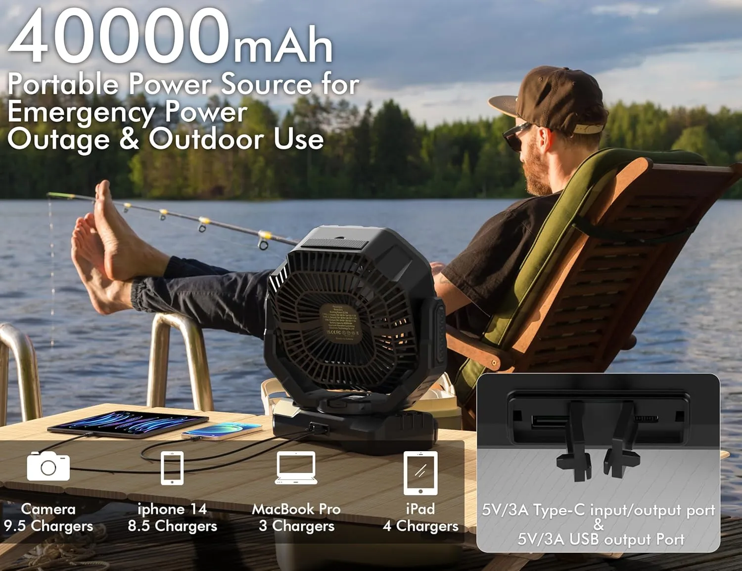 40000mAh Battery Operated Camping Fan, Rechargeable High Velocity Floor Fan, Auto Oscillation Remote Control Timer - Cordless Outdoor Fan for Car Travel RV Camp Garage Patio Hurricane Emergency