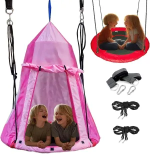 40" Hanging Tent Saucer Swing - 2 in 1 Kids Detachable Hanging Chair Swing Tent Set,Hammock Nest Pod Swing Seat for Boys/Girls,Children Outdoor Indoor Play House with Tent,Max Capacity 330 LBS (Pink)
