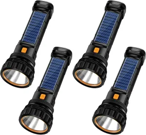 4pcs Solar/Rechargeable Multi Function 1000 Lumens LED Flashlight, with Emergency Strobe Light and 1200 Mah Battery, Emergency Power Supply and USB Charging Cable, Fast Charging (4PC)