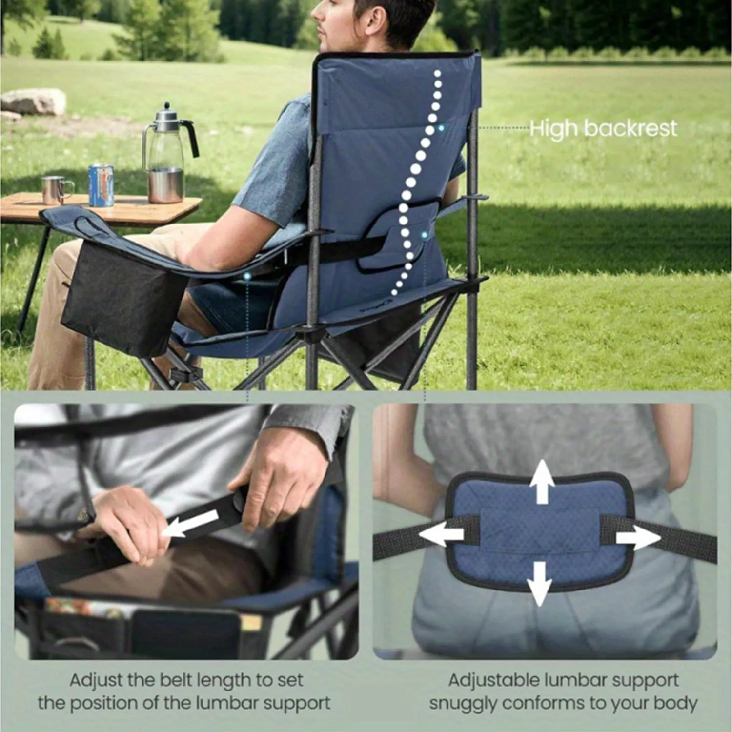 (5-9 Days Delivery) Foldable Outdoor Chaise Oversized Lumbar Support Camping Chair, Outdoor Folding Chair Comfortable, Padded, Glamping, Cooler Bag, Weight Capacity 450 lb (Blue)
