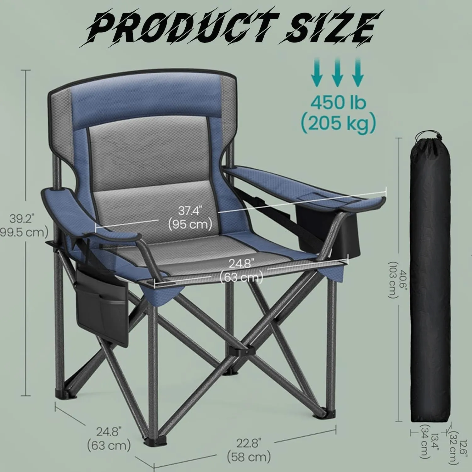 (5-9 Days Delivery) Foldable Outdoor Chaise Oversized Lumbar Support Camping Chair, Outdoor Folding Chair Comfortable, Padded, Glamping, Cooler Bag, Weight Capacity 450 lb (Blue)