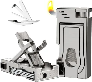 5 in 1 Pipe Lighter，Built-in Pipe Stand, Stainless Steel 3 in 1 Pipe Tool Cleaner - Pipe Reamer Tamper Pokers, Refillable Butane Lighter with Angled Soft Flame, Pipe Gift for Pipe Smokers