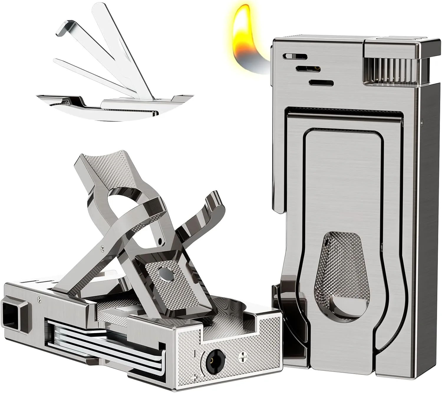 5 in 1 Pipe Lighter，Built-in Pipe Stand, Stainless Steel 3 in 1 Pipe Tool Cleaner - Pipe Reamer Tamper Pokers, Refillable Butane Lighter with Angled Soft Flame, Pipe Gift for Pipe Smokers