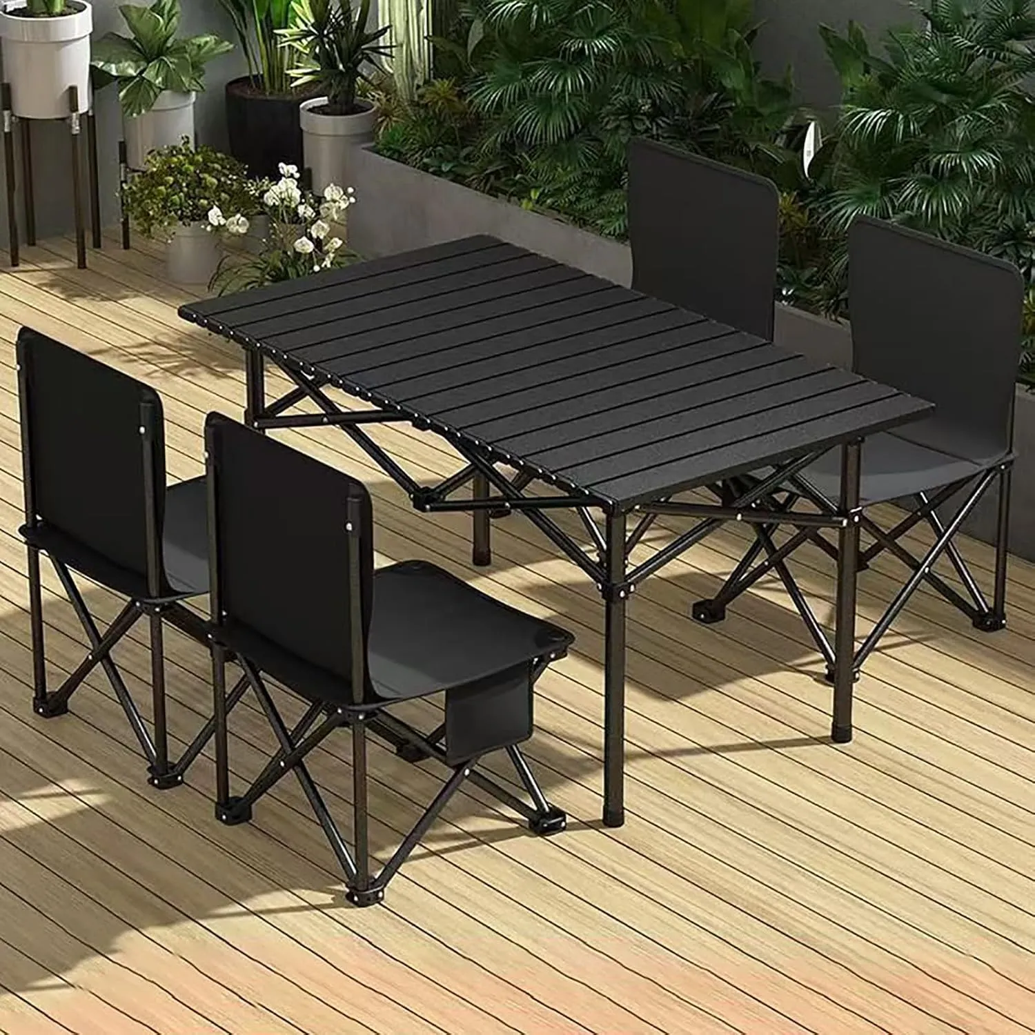 5 Pcs Portable Camping Chair and Folding Camping Table Set Outdoor Lawn Camp Table with Carry Bag for Travel Fishing,Black