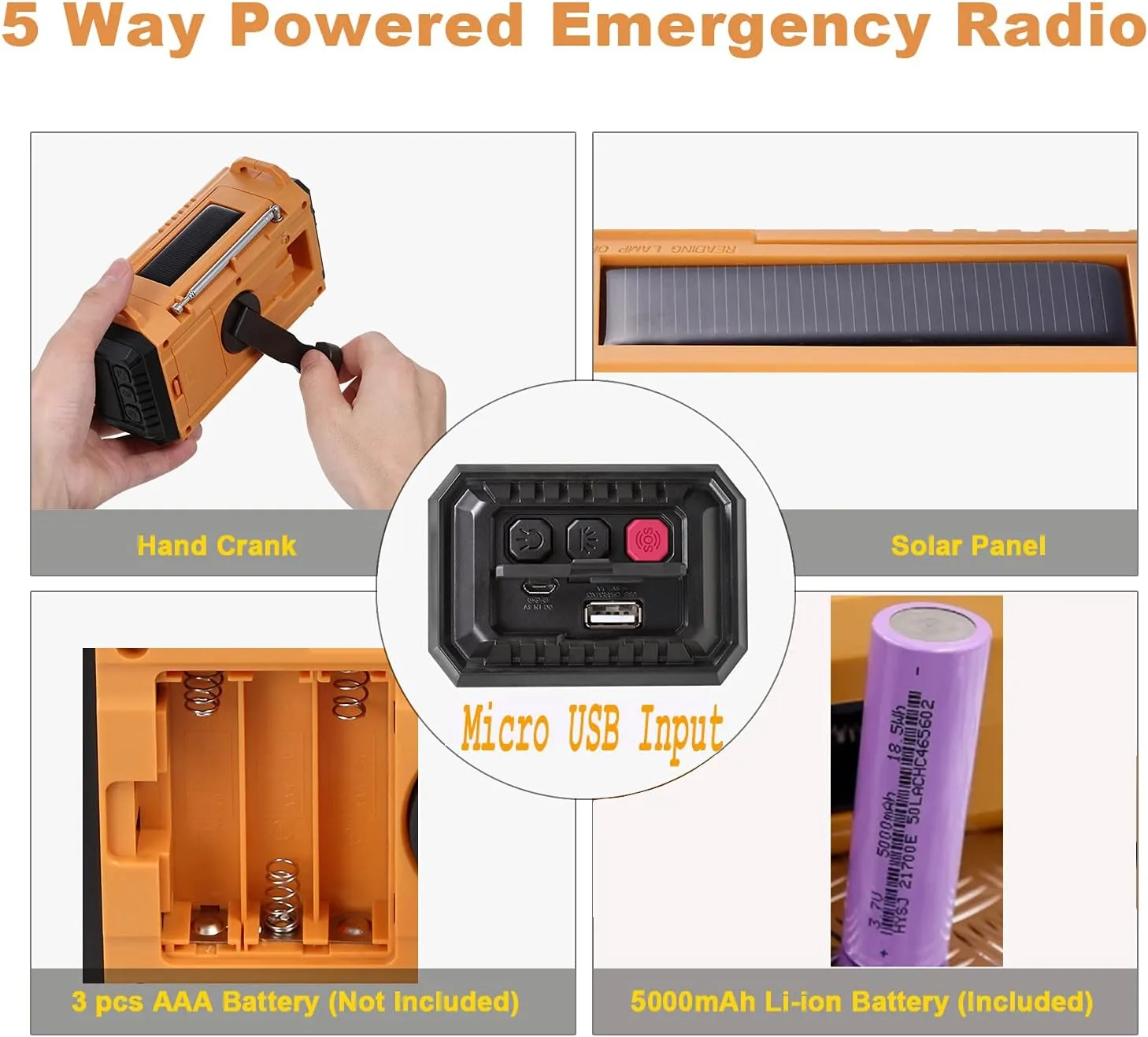 5000 Weather Radio,Solar Hand Crank 5-Way Power Emergency Radio,AM/FM/Shortwave/NOAA Alert Survival Portable Radio,Power Bank USB Charger,Camping Flashlight,Reading Lamp,Headphone Jack,SOS,Compass