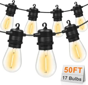 50FT LED Outdoor String Lights with 17 Shatterproof Waterproof S14 Replaceable Bulbs(2 Spare), 2700K Commercial Grade Patio Lights, Outside Hanging Light for Yard Garden Porch Deck Decor