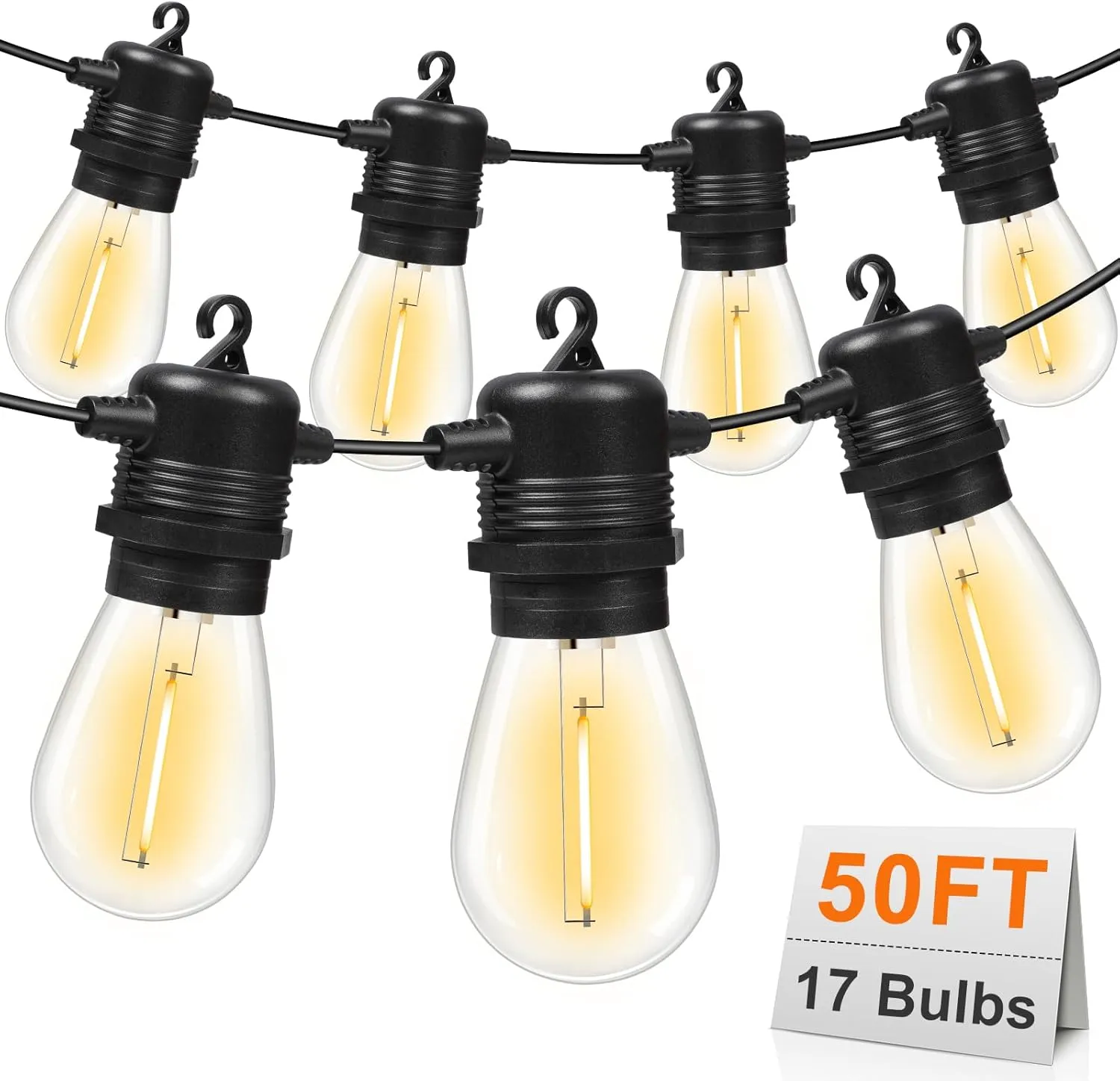 50FT LED Outdoor String Lights with 17 Shatterproof Waterproof S14 Replaceable Bulbs(2 Spare), 2700K Commercial Grade Patio Lights, Outside Hanging Light for Yard Garden Porch Deck Decor