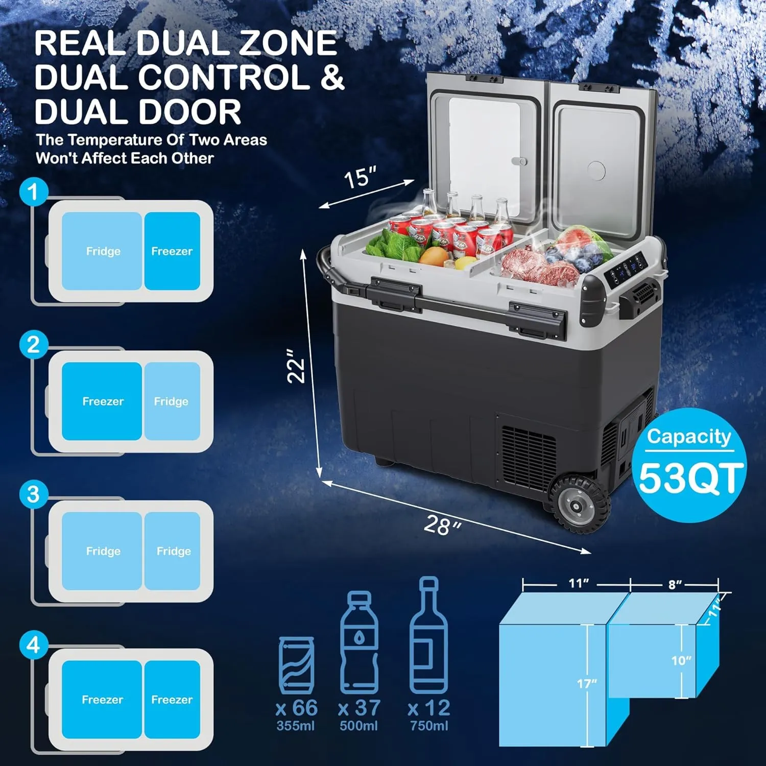 53QT (50L) Car Refrigerator, 12V Portable Fridge Freezer for Car, -4℉-68℉, Bluetooth Control, Fast Cooling, Dual Zone, Auto Cooler with Wheels for SUV Camping, Truck, RV, Travel, Road Trip