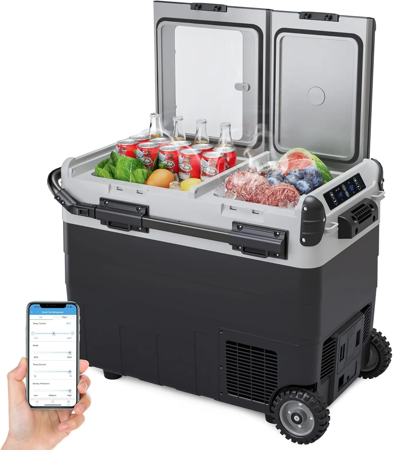 53QT (50L) Car Refrigerator, 12V Portable Fridge Freezer for Car, -4℉-68℉, Bluetooth Control, Fast Cooling, Dual Zone, Auto Cooler with Wheels for SUV Camping, Truck, RV, Travel, Road Trip