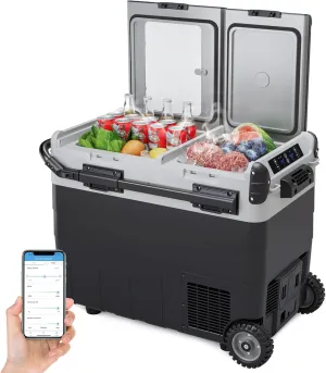 53QT (50L) Car Refrigerator, 12V Portable Fridge Freezer for Car, -4℉-68℉, Bluetooth Control, Fast Cooling, Dual Zone, Auto Cooler with Wheels for SUV Camping, Truck, RV, Travel, Road Trip