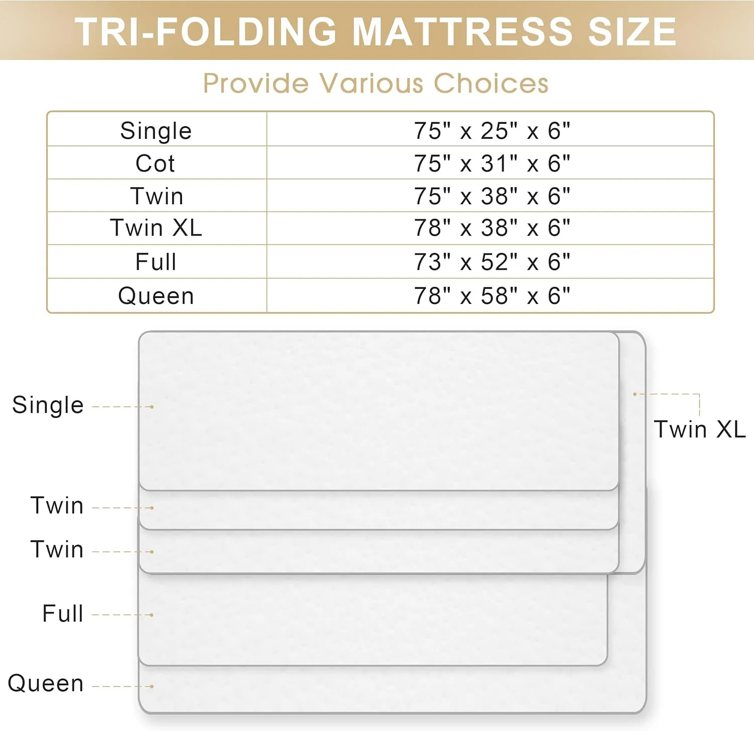 6 Inch Memory Foam Tri-fold Bamboo Fiber Foldable Mattress for Camping, Road Trip