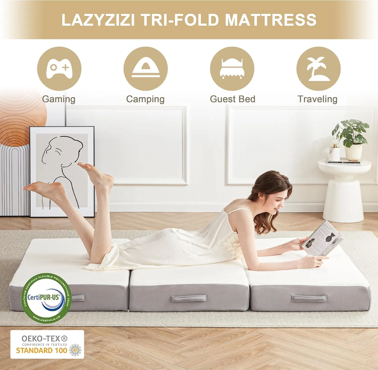 6 Inch Memory Foam Tri-fold Bamboo Fiber Foldable Mattress for Camping, Road Trip
