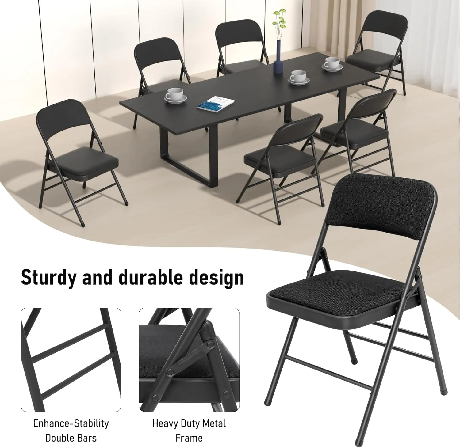 6 Pack Black Folding Chairs with Fabric Padded Cushion, Padded Dining Chair Set Portable Indoor Outdoor Stackable Folding Chair with Steel Frame for Home Office Events Wedding Party