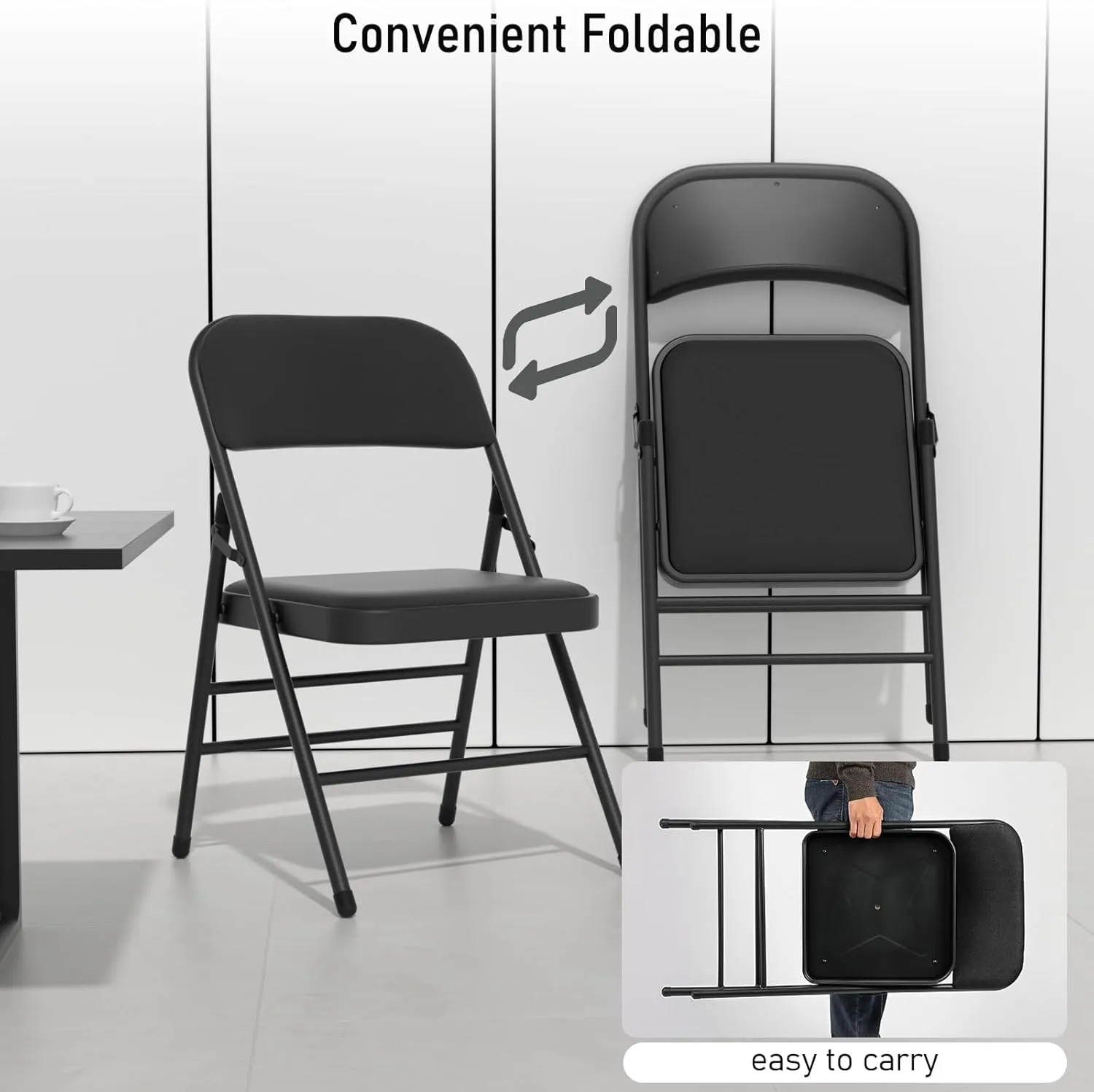 6 Pack Black Folding Chairs with Fabric Padded Cushion, Padded Dining Chair Set Portable Indoor Outdoor Stackable Folding Chair with Steel Frame for Home Office Events Wedding Party