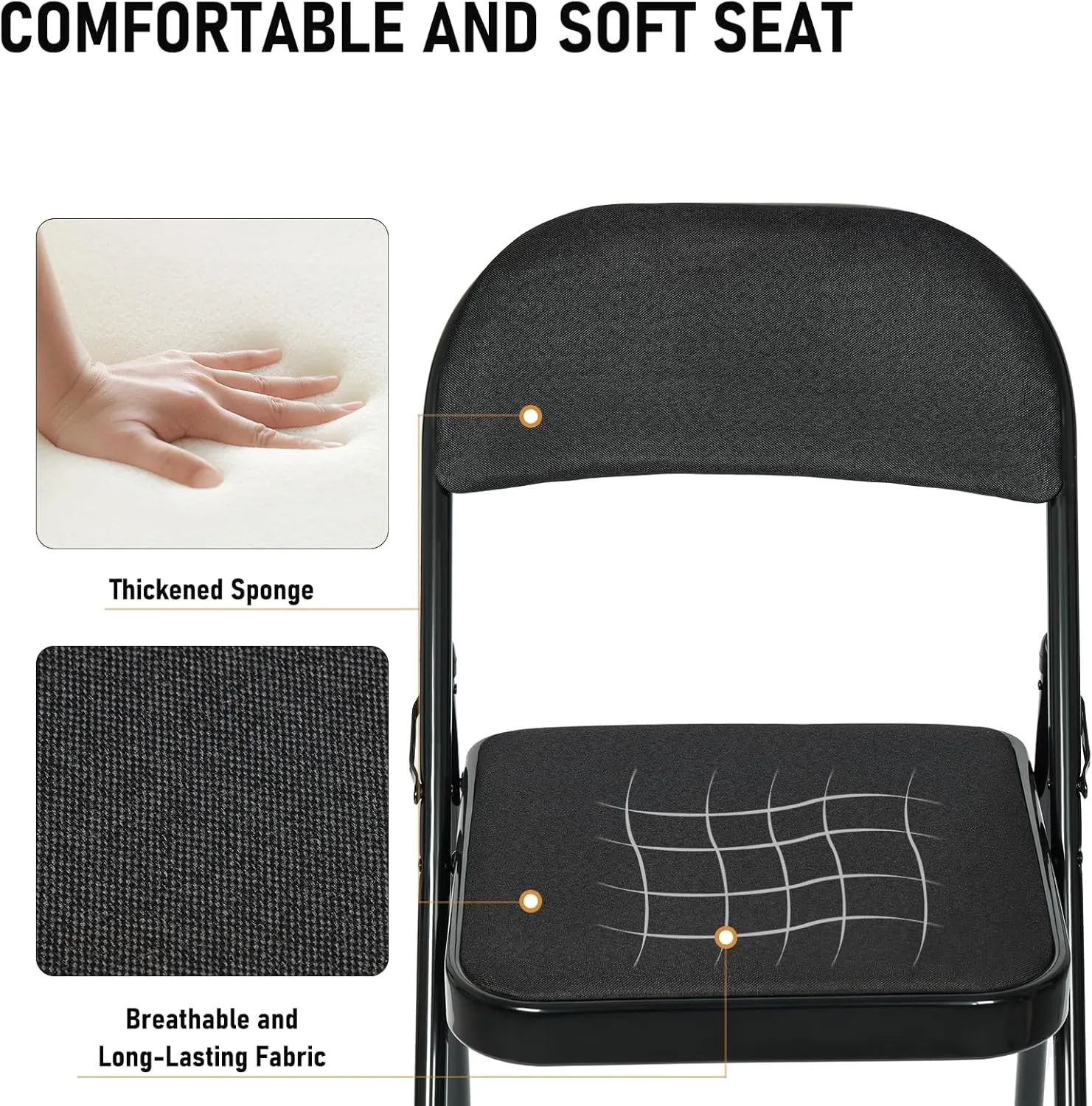 6 Pack Black Folding Chairs with Fabric Padded Cushion, Padded Dining Chair Set Portable Indoor Outdoor Stackable Folding Chair with Steel Frame for Home Office Events Wedding Party