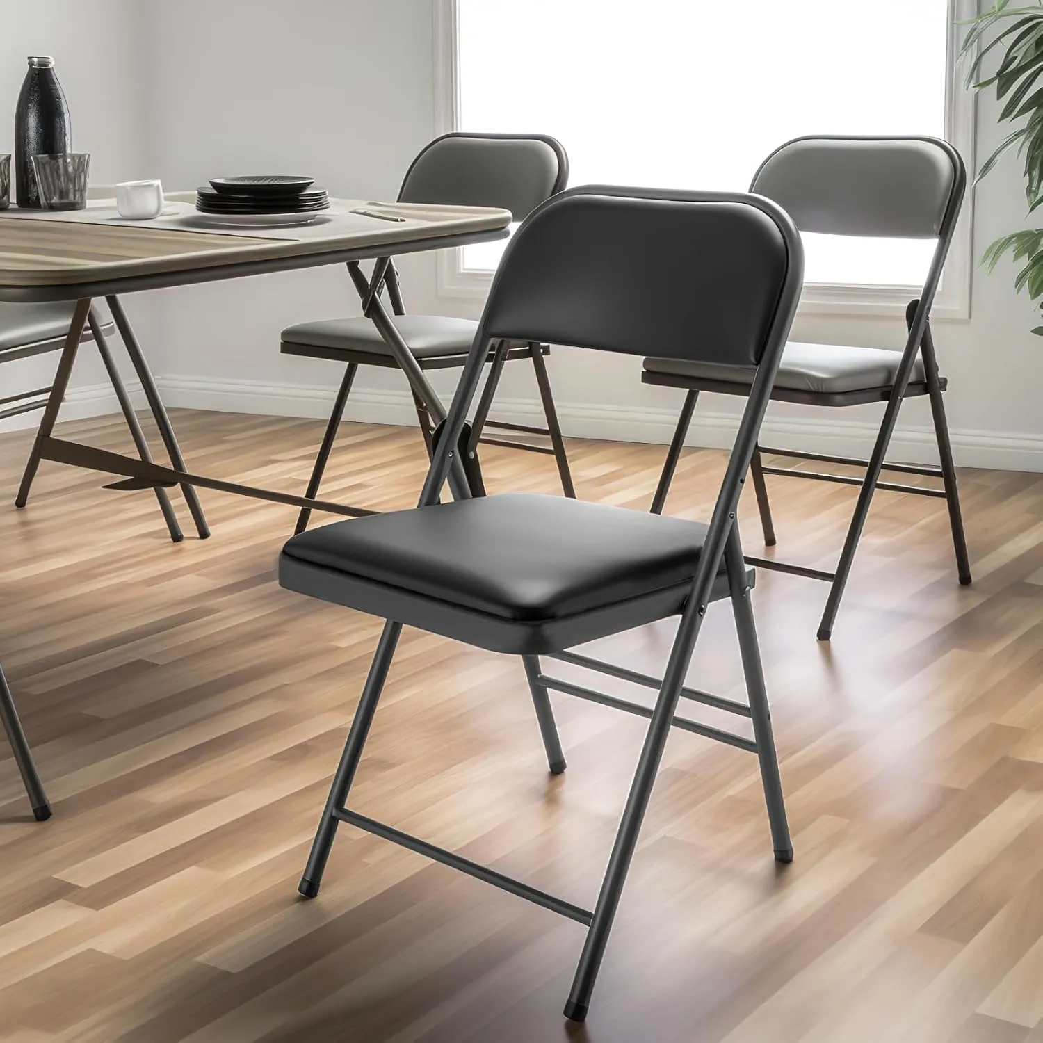 6 Pack Black Folding Chairs with PU Padded Cushion, Padded Dining Chair Set Portable Indoor Outdoor Stackable Folding Chair with Steel Frame for Home Office Events Wedding Party
