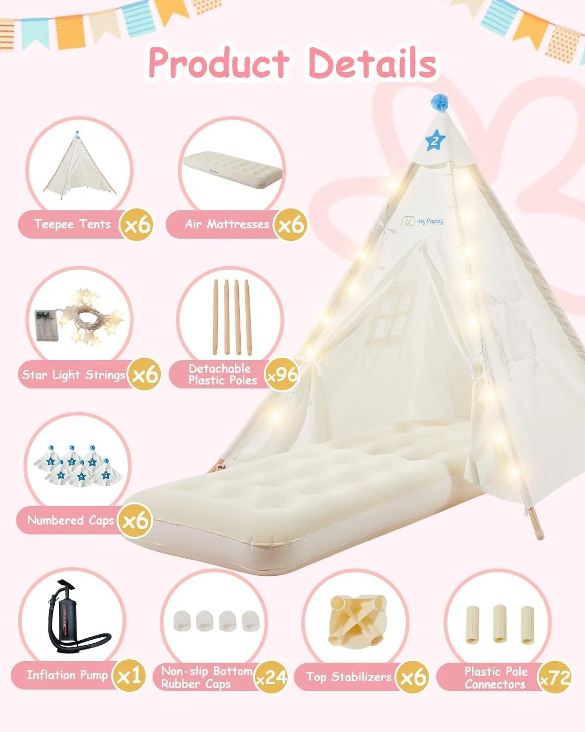 6 Pack Teepee Tent for Kids with Inflatable Airbed, Light, Toddler Tent Children Room Tents, Slumber Party Sleepover Tents, Indoor Outdoor Kids Playtent Playhouse for Girls & Boys