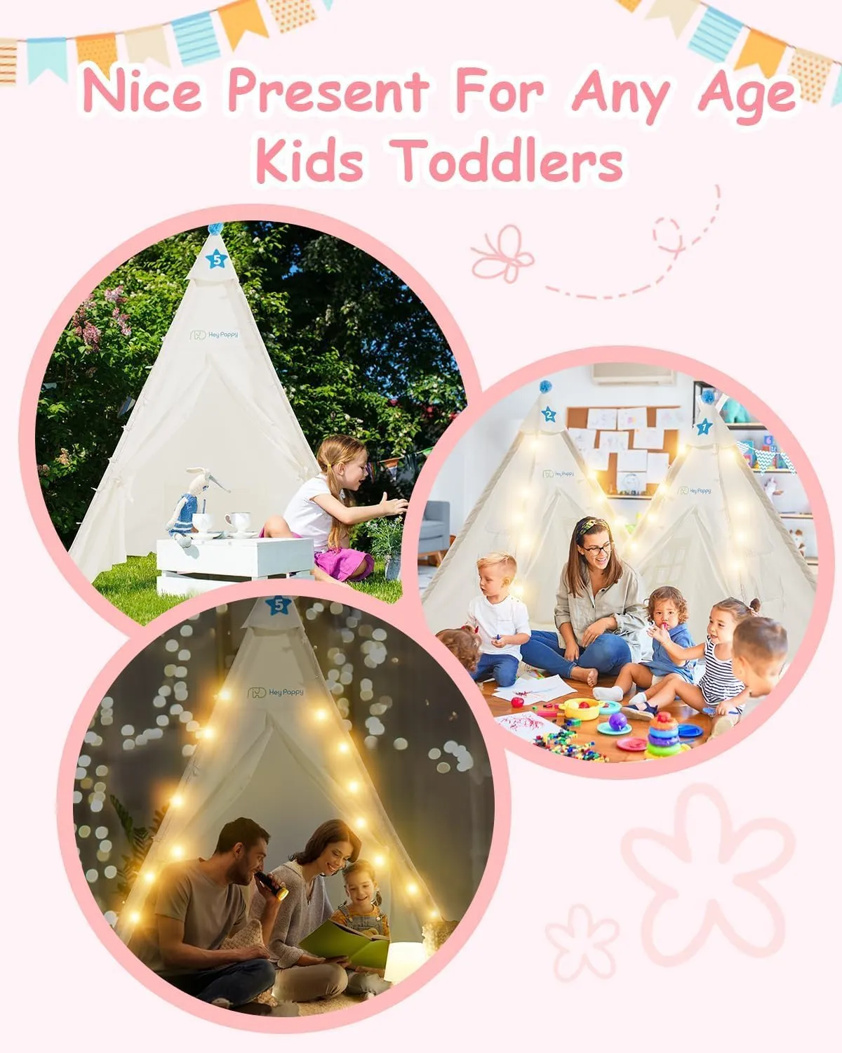 6 Pack Teepee Tent for Kids with Inflatable Airbed, Light, Toddler Tent Children Room Tents, Slumber Party Sleepover Tents, Indoor Outdoor Kids Playtent Playhouse for Girls & Boys