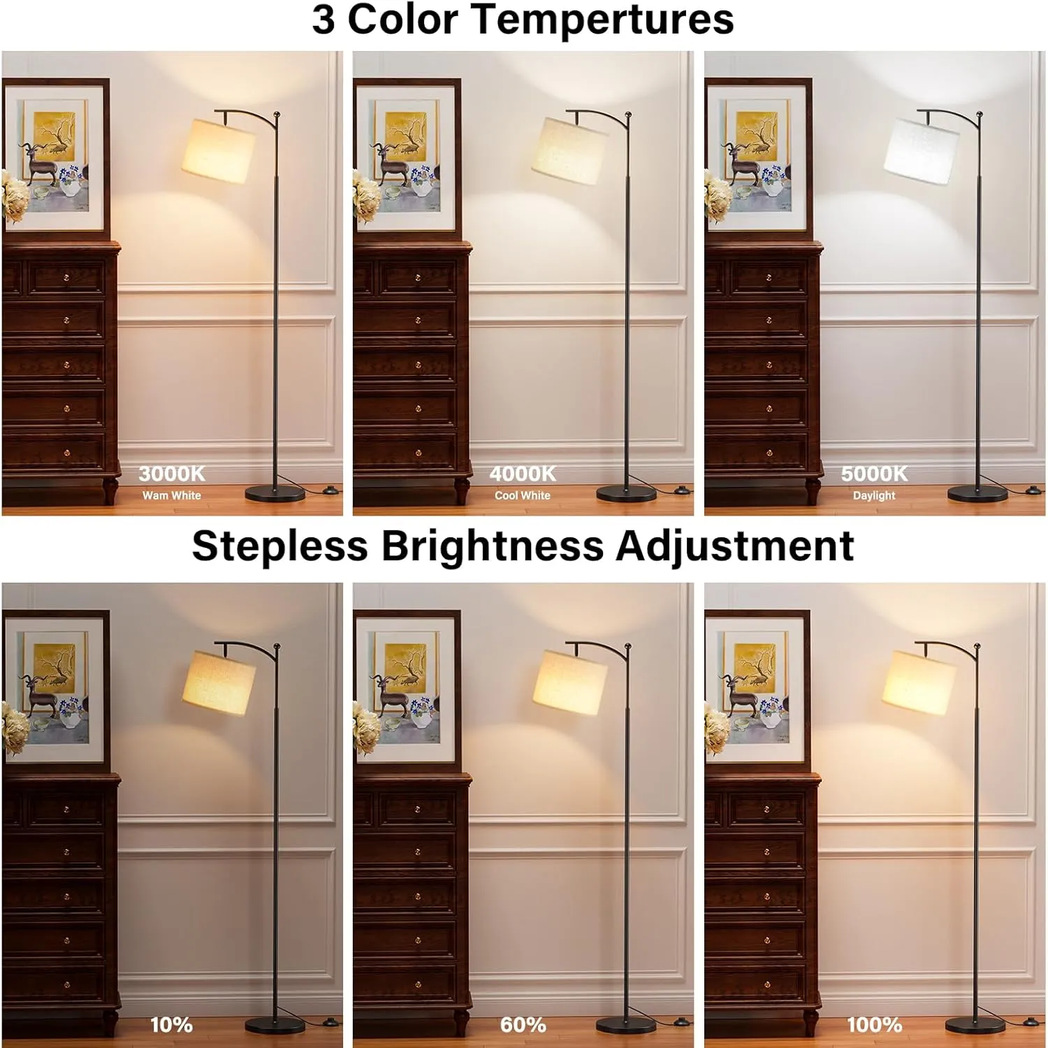 60" Floor Lamps with Remote Control & Bulb, Colors Temperature & Brightness Adjustable, Deep Beige Shade & Black Pole
