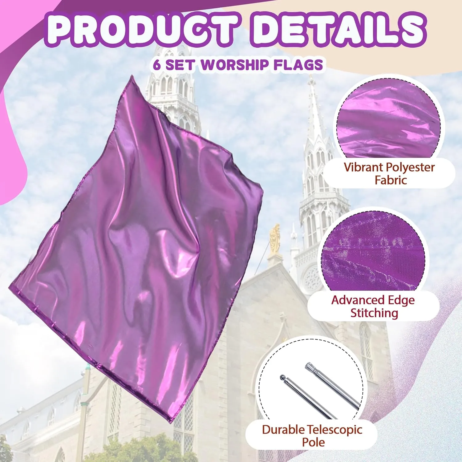 6pcs 26"x21" Worship Flags for Kids, Beginner Praise Dance Flags for Worship, Church Flag with Telescopic Rod, 6pack, Purple
