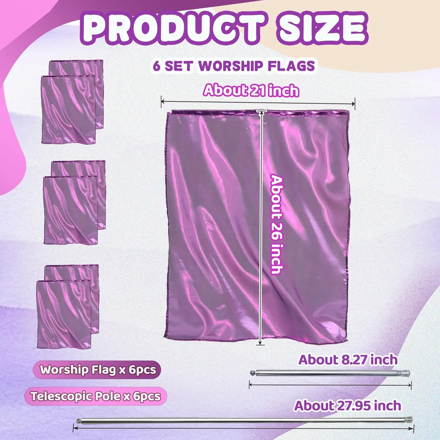 6pcs 26"x21" Worship Flags for Kids, Beginner Praise Dance Flags for Worship, Church Flag with Telescopic Rod, 6pack, Purple