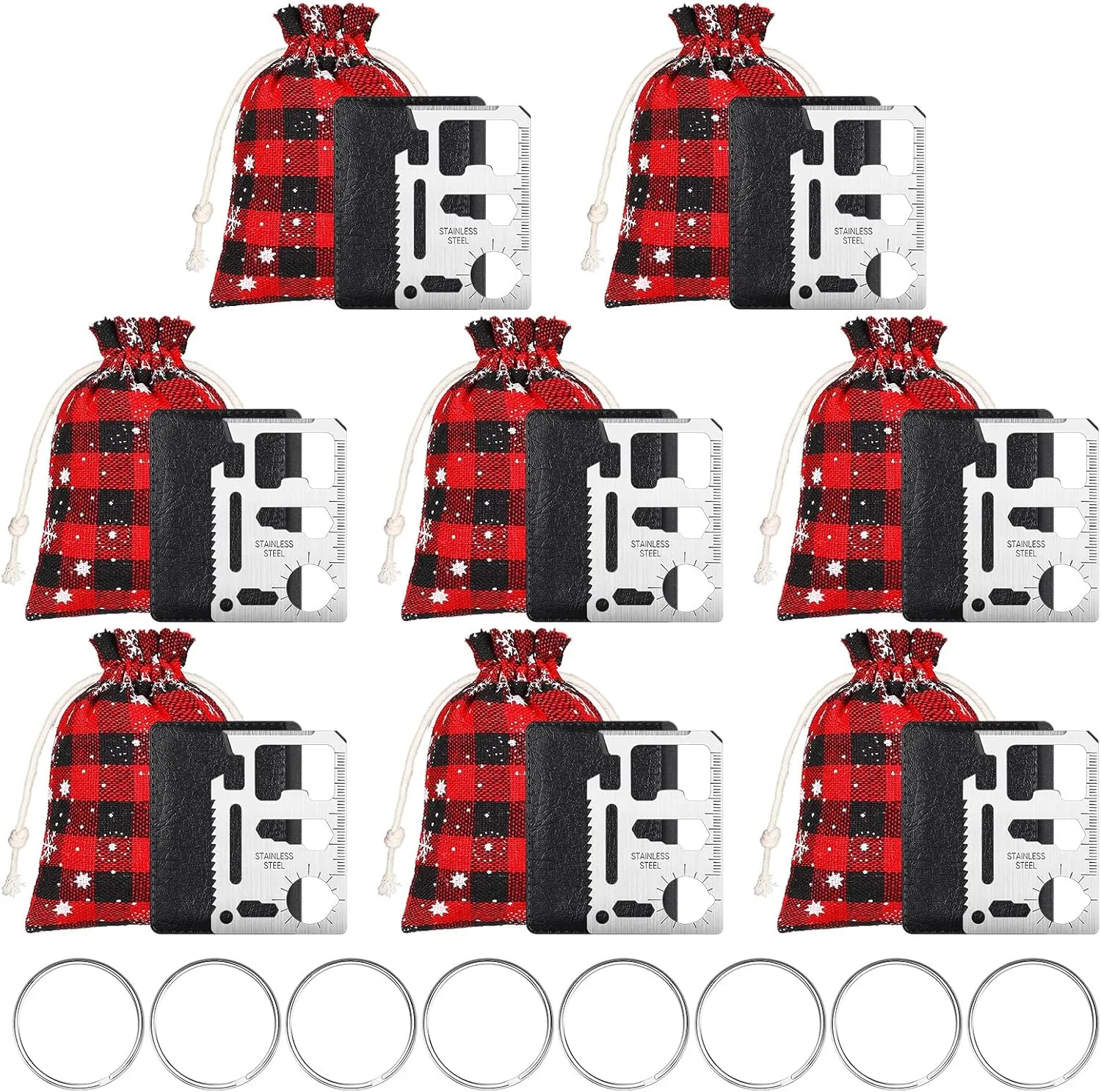 8 Pcs Christmas 11 in 1 Credit Card Multitool with Plaid Burlap Bags Christmas Drawstring Bags and Key Rings Credit Card Bottle Opener Wallet Gift for Man Xmas