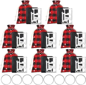 8 Pcs Christmas 11 in 1 Credit Card Multitool with Plaid Burlap Bags Christmas Drawstring Bags and Key Rings Credit Card Bottle Opener Wallet Gift for Man Xmas