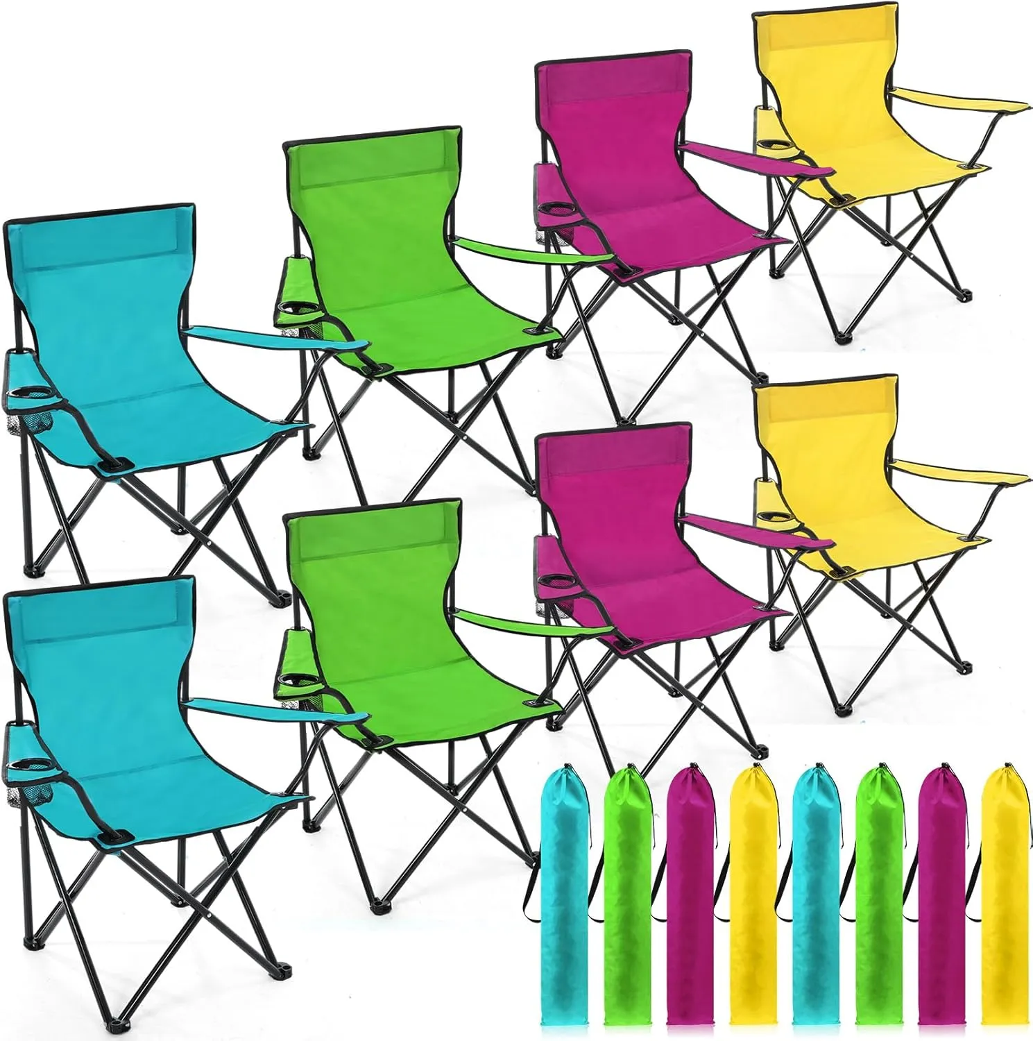 8 Pcs Folding Camping Chairs with Cupholder and Carry Bag Regular Size Portable Lightweight Lawn Chair with Mesh Side Pocket for Fishing Hiking Picnic Party Beach Outdoor Activity (Stylish)