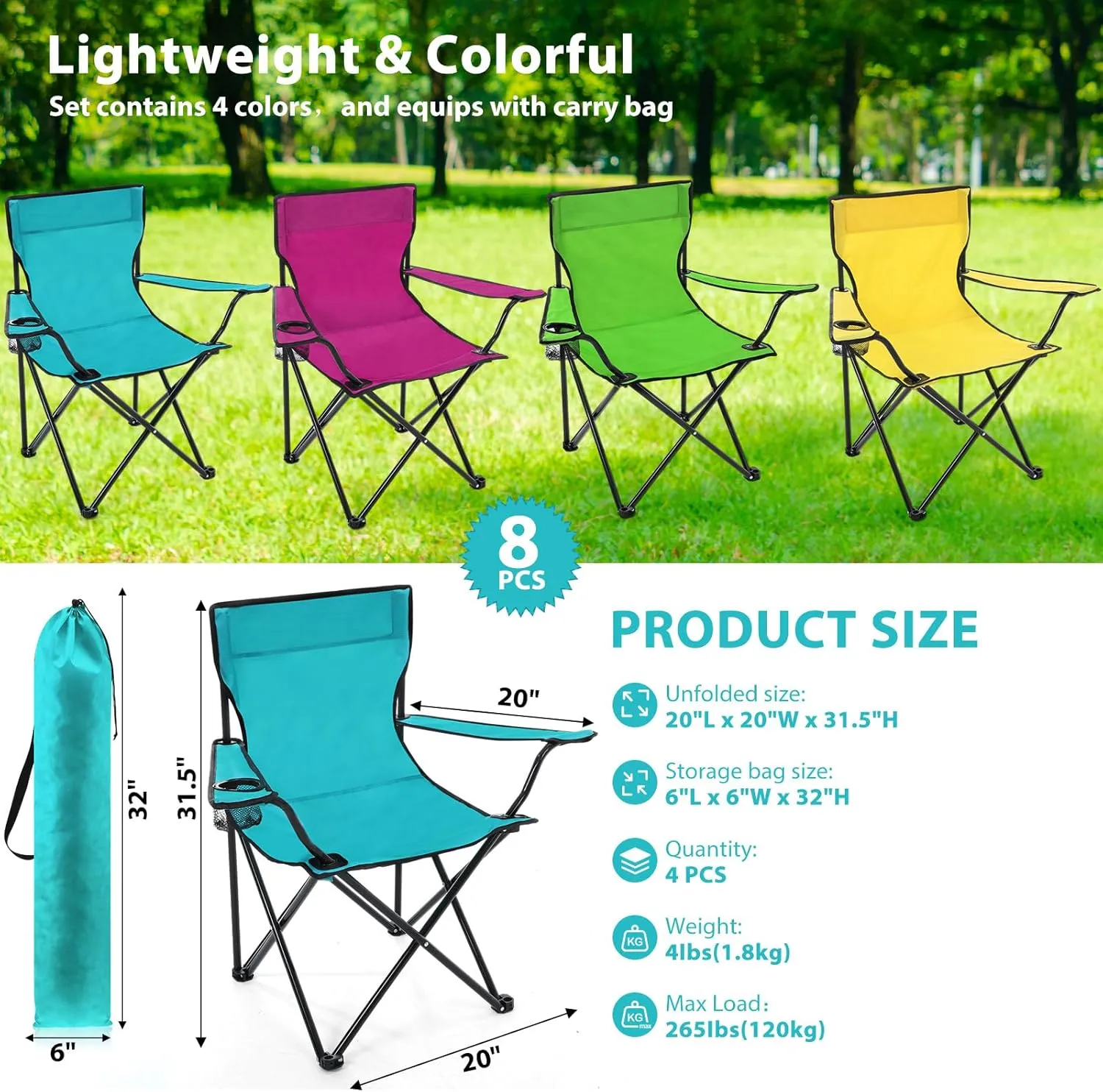 8 Pcs Folding Camping Chairs with Cupholder and Carry Bag Regular Size Portable Lightweight Lawn Chair with Mesh Side Pocket for Fishing Hiking Picnic Party Beach Outdoor Activity (Stylish)