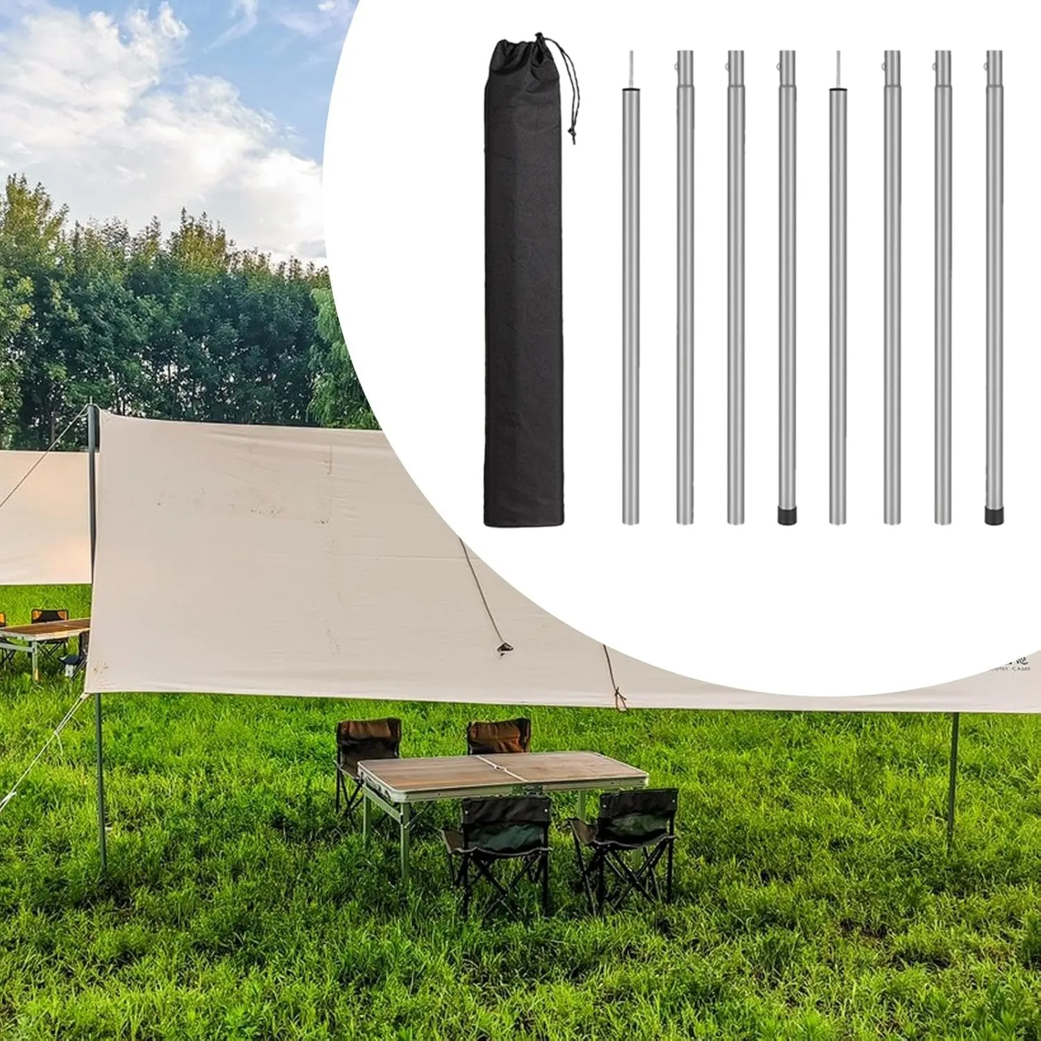 8 Pieces Tent Poles for Tarp Awning Poles Easy to Install Accessories Portable Iron Lightweight for Hiking Rain Shelter