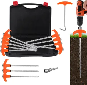 8" Tent Stakes Heavy Duty 12 Pack, Screw in Tent Stakes, Metal Threaded Camping Stakes, Ground Anchors for Canopies, Gardening and Inflatable Decor, with Hex Socket, Stake Puller and Storage Box