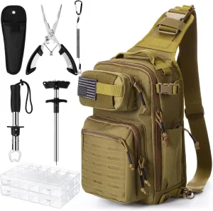9 Pcs Fishing Tool Kit Pliers Gear and Equipment Include Large Fishing Backpack, Tackle Box, Gripper, Plier, Lanyard, Hook Separator, Sheath, Patches
