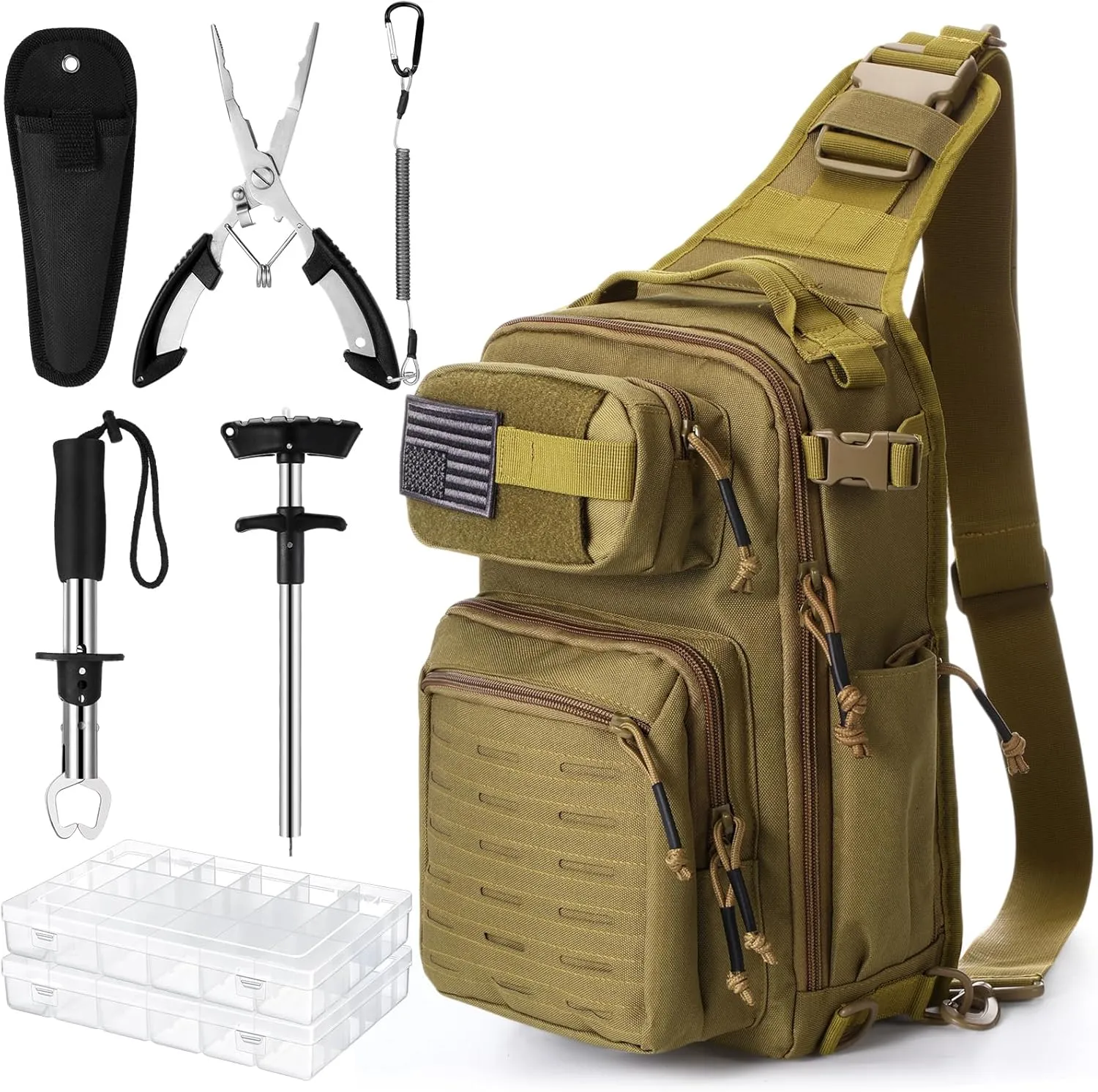 9 Pcs Fishing Tool Kit Pliers Gear and Equipment Include Large Fishing Backpack, Tackle Box, Gripper, Plier, Lanyard, Hook Separator, Sheath, Patches