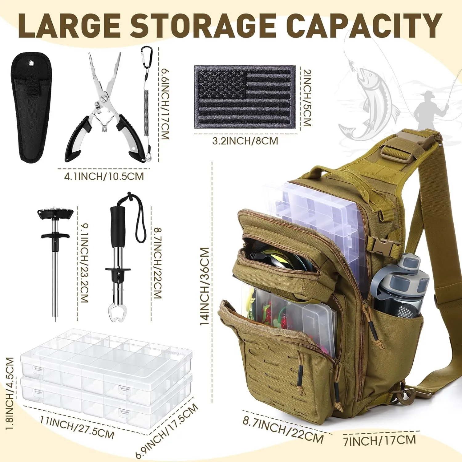 9 Pcs Fishing Tool Kit Pliers Gear and Equipment Include Large Fishing Backpack, Tackle Box, Gripper, Plier, Lanyard, Hook Separator, Sheath, Patches