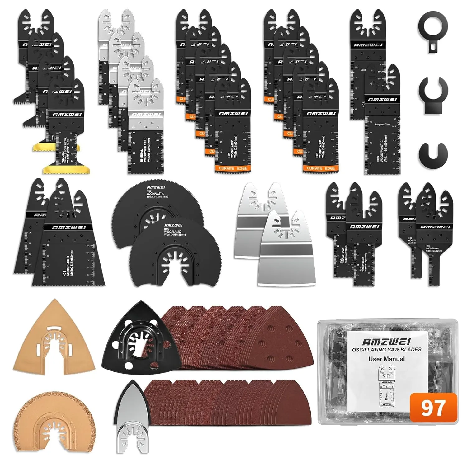 97Pcs Oscillating Tool Blade, Titanium Multitool Blades with Case, Sandpaper for Grout Removal, Wood, Metal, Plastic, Oscillating Saw Blades Compatible with Dewalt Ryobi Milwaukee Rockwell