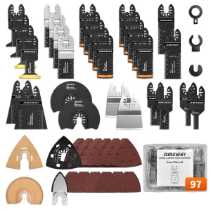 97Pcs Oscillating Tool Blade, Titanium Multitool Blades with Case, Sandpaper for Grout Removal, Wood, Metal, Plastic, Oscillating Saw Blades Compatible with Dewalt Ryobi Milwaukee Rockwell