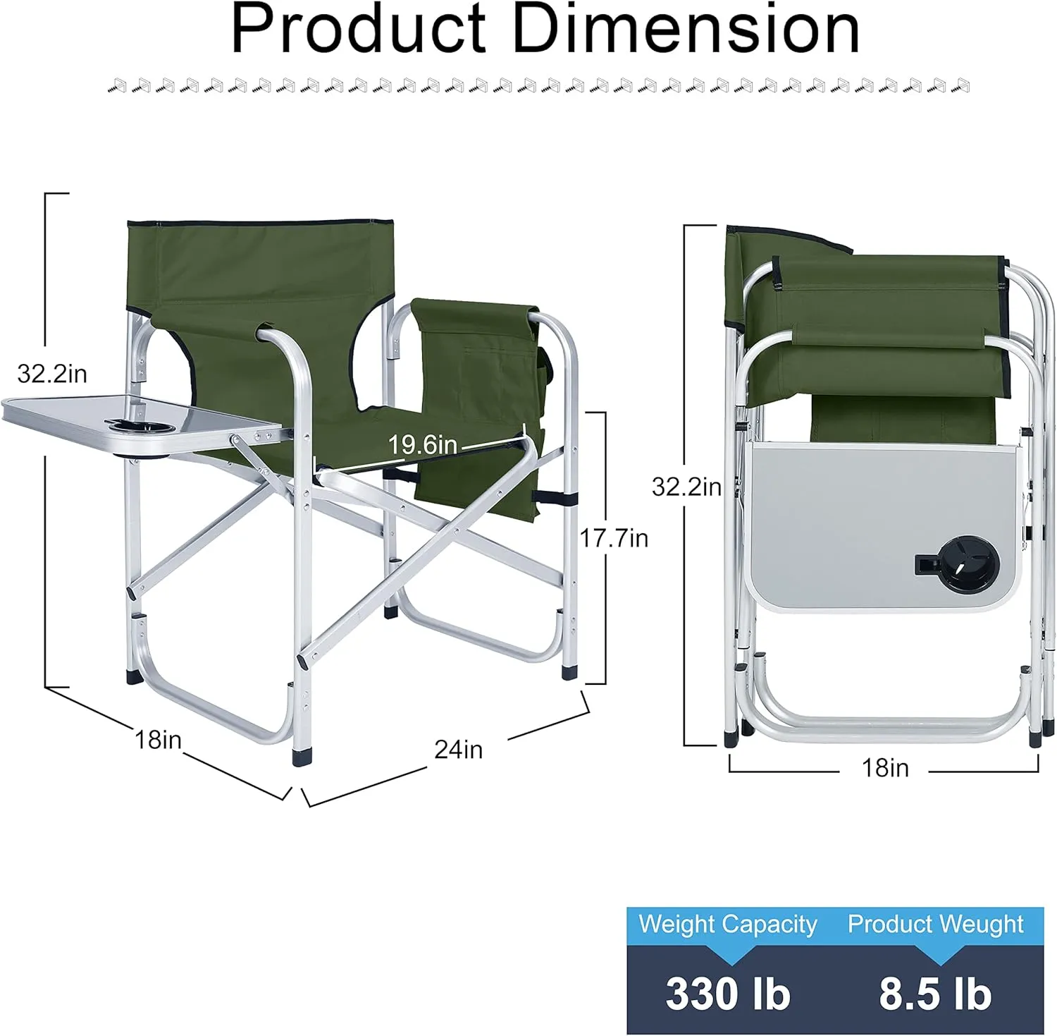 ABCCANOPY Foldable Directors Chair Outdoor Camping Chair Makeup Artist Chair with Side Table & Pockets, Olive Green