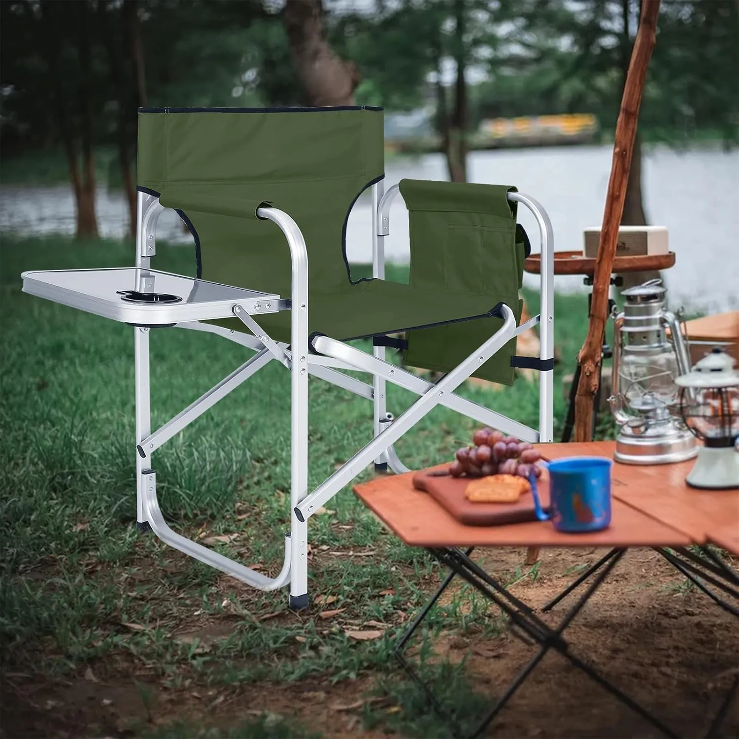 ABCCANOPY Foldable Directors Chair Outdoor Camping Chair Makeup Artist Chair with Side Table & Pockets, Olive Green