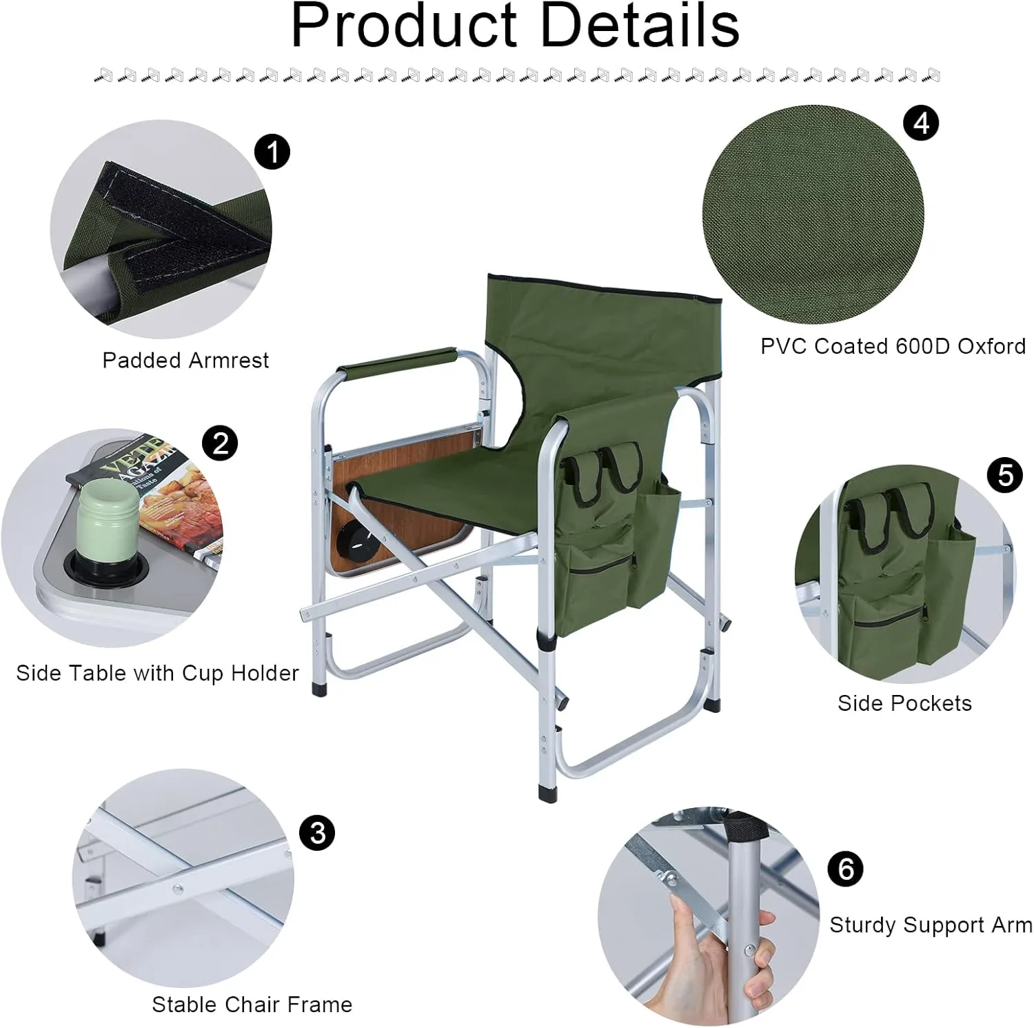 ABCCANOPY Foldable Directors Chair Outdoor Camping Chair Makeup Artist Chair with Side Table & Pockets, Olive Green